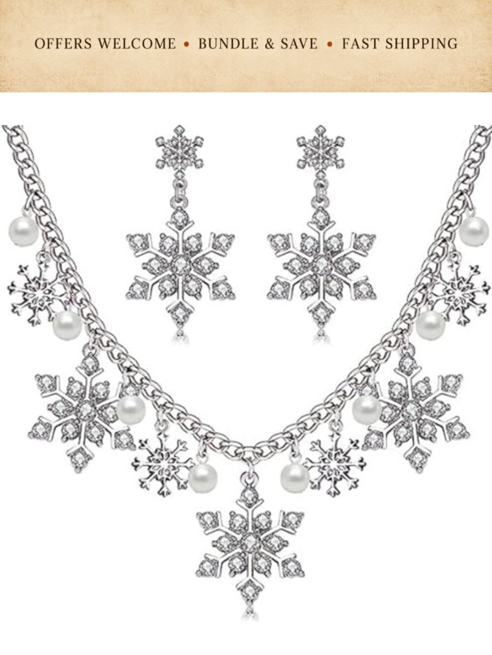 Snowflake Necklace Earrings Set Women Crystal Rhinestone Pearl Pendant